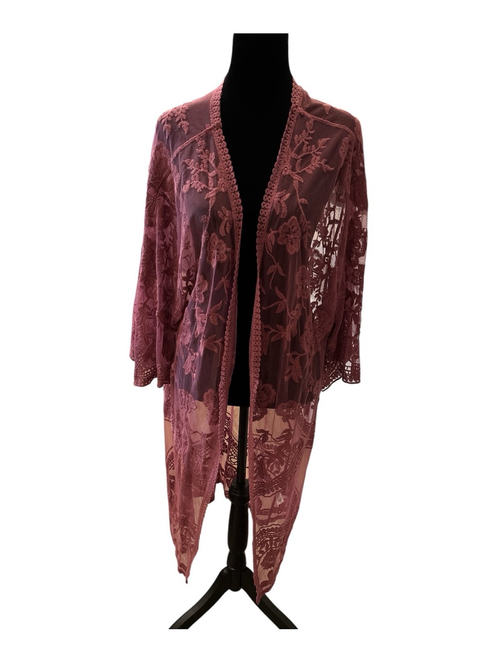 She + Sky Mauve Floral Lace Beach Kimono Robe